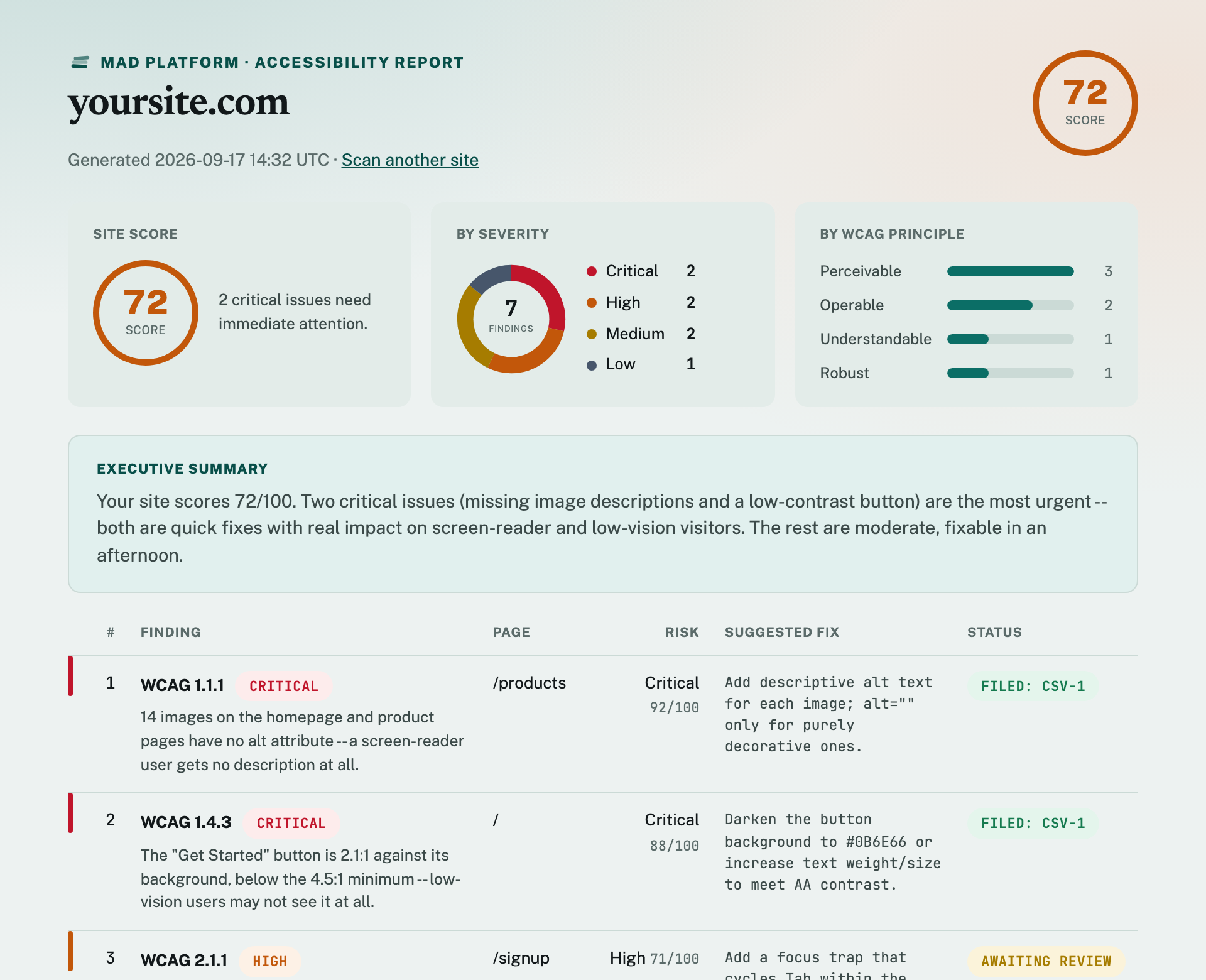 A completed scan report: site score, severity breakdown, and a chart of issues by WCAG principle
